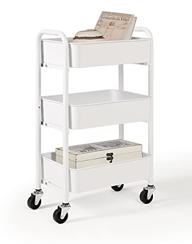 SunnyPoint 3-Tier Compact Rolling Metal Storage Cart WHT 15.35" x 10.24" x 26.8" Under Desk Organizer