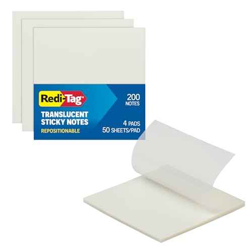 Redi-Tag Translucent Sticky Notes, Transparent Self-Stick Notes, 3" x 3", 4 Pads, 50 Notes Per Pad, 200 Sheets (1006596)
