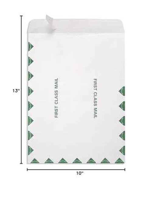 Blue Summit First-Class Tyvek Envelopes, 100 10 x 13 Peel & Seal Envelopes, White Tyvek with Center Seam and Green First-Class Markings