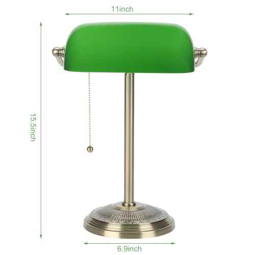 Bankers Lamp, Green Desk Lamp with Brass Finish, Classic Table Lamp with Pull Switch for Home, Office, Study (Green)