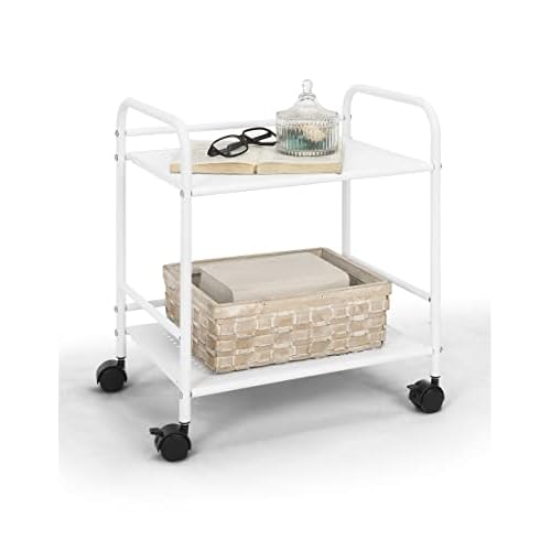SunnyPoint 2-Tier Metal Rolling Utility Cart ? Mobile Storage Shelf with Caster Wheels ? Small Space Organizer for Home, Office, Bedroom, Kitchen (WHT)