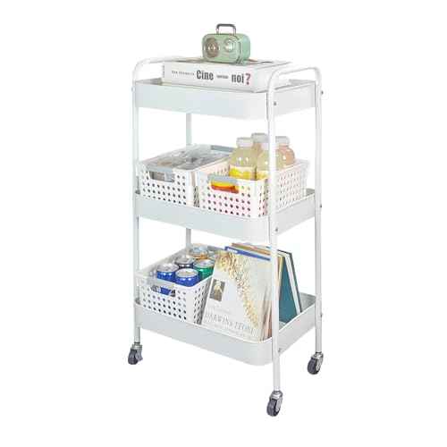 Metal 3 Tier Rolling Cart with Wheels for Kitchen Storage & Laundry Room Organization, Bedside Cart with Handle and 4 Hooks, Versatile Large Capacity Art & Craft Storage Organizer, White