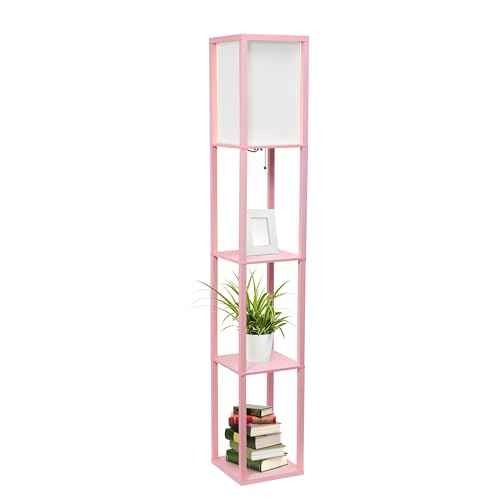 Simple Designs LF1014-LPK Etagere Organizer Storage Shelf Linen Shade Floor Lamp, Light Pink