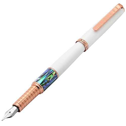 Xezo Speed Master Fountain Pen, Medium Nib. Matte White Color with Pāua Abalone Sea Shell. Rose Gold Plated. Lightweight Brass Body. No Two Alike. Etched With a Serial Number