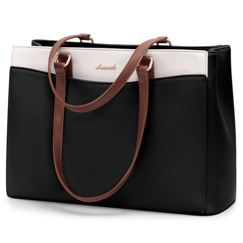 LOVEVOOK Laptop Tote Bag for Women, Work Bags Teacher Tote Bag, Waterproof Leather Computer Bag, Business Laptop Purse Office Handbag Professional Briefcase, Black-Beige-Brown, 15.6 Inch