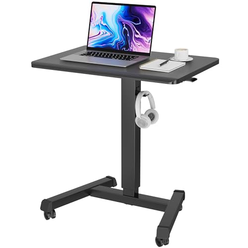 BONTEC Adjustable Height Mobile Standing Desk Cart with Lockable Wheels - Black, 25.6 x 17.7 inches