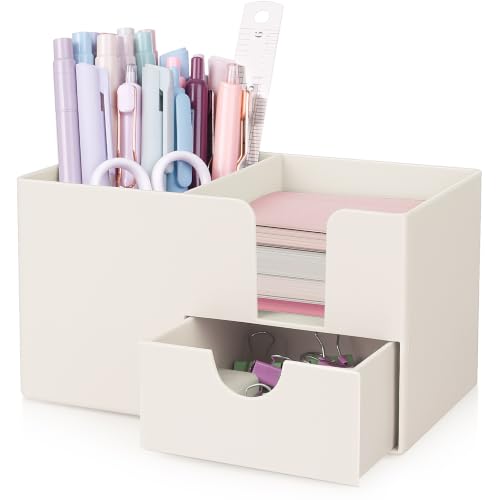 SKYDUE Beige Small Desk Organizer with Sticky Notes Holder, Pen Cup