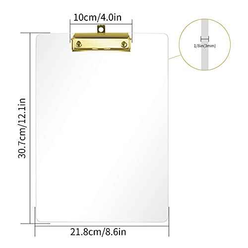 Moocci Thick Acrylic Clear Clipboards Cute Transparent Bulk Gold Clipboard with Strong Clip and Hidden Hanging Hole for A4 Paper, Art Student, Drawing, Office, School, Warehouse, Classroom, 9PC