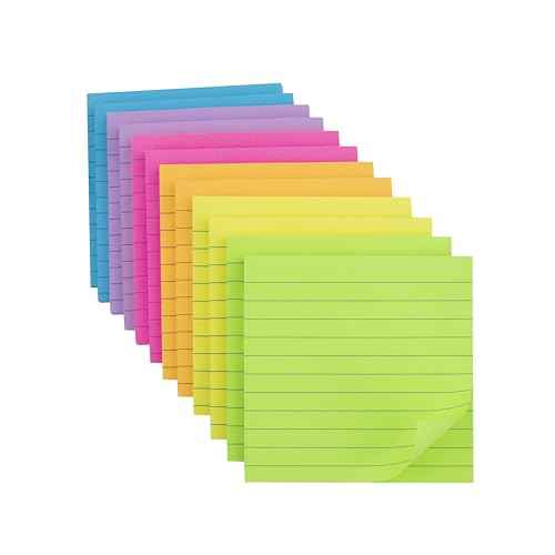(12 Pads) Lined Sticky Notes 4x4 in, 6 Bright Colors Self-Stick Note Pads, Strong Adhesive, 47 Sheets/Pad