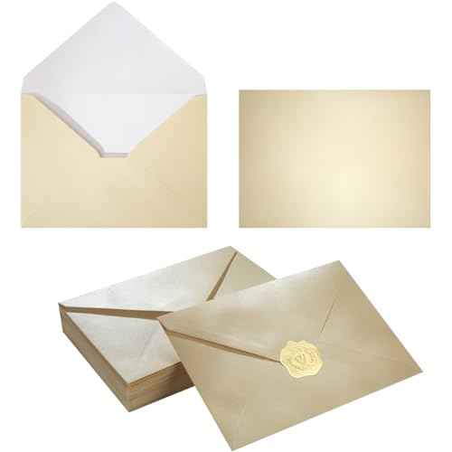 50 Pieces Shiny Envelopes with Gold Stickers for Wedding Invitation Cards, Graduation, Baby Shower, Greeting Cards (Cream Color, A7, 5x7)