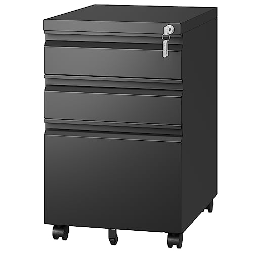 Letaya 3-Drawer Mobile Metal File Cabinet 14.57x17.32x24.40in Black Locking Under Desk Organizer