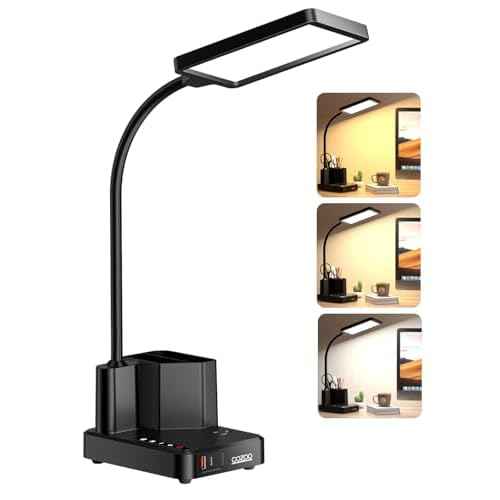 Desk Lamp, COZOO LED Desk Lamps for Home Office with USB Charging Port/Outlet/Organizer,Desk Lamp for College Dorm Eye-Caring Study Light,Gooseneck Table Lamp with Pen Holders/Storage,9 Lighting Modes