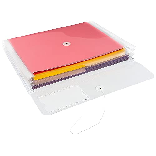 JAM Paper Plastic Envelopes with Button & String Tie Closure - 12 Pack, 3 Pockets, Clear, 12.75 x 10.5 inches