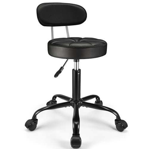 FNZIR Black PU Leather Rolling Stool with Backrest, Height Adjustable Swivel Drafting Chair