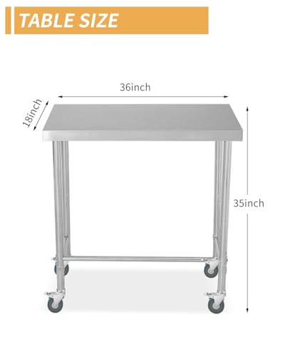 Garvee 18x36 in Stainless Steel Mobile Work Table with Casters — Heavy-Duty Kitchen/Workshop Prep
