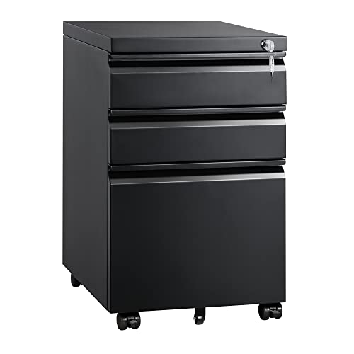DEVAISE Black 3-Drawer Mobile File Cabinet with Lock - 17"D x 15"W x 24"H, Under Desk Office Storage