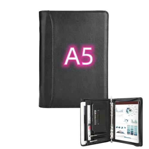 KISSKI Small A5 Planner Binder Portfolio for Men, 6 Ring Leather Zippered Padfolio Organizer with 1pc Notepad, Resume Document Folders for 5.5 x 8.5 Notepad, Tablet for iPad mini/iPad Air 2, Black