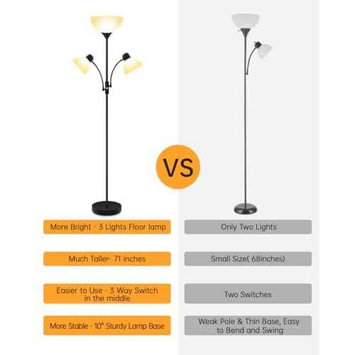 Floor Lamp Black, Standing Lamp, 71" Tall Lamps for Living Room, 3 Way Switch, Plastic Lampshade, Torchiere Floor Lamp with Reading Lamps, Modern Pole Lamps for Bedroom Kids Room E26 Base(No Bulb)
