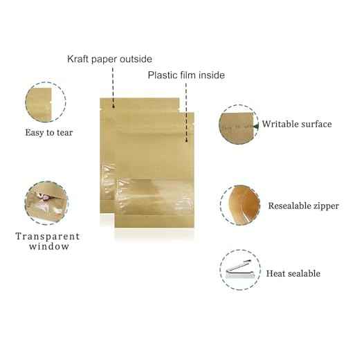 FERENLI 100 Pack 2.8x3.5 inch Small Resealable Seed Coin Envelopes Bags with Clear Window Brown Kraft Paper Heat Seal Packets for Flower Vegetable Seeds Storage Party Favor Pet Food Sample Bag