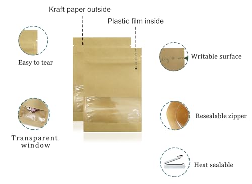 Resealable Kraft Paper Window Bags 3 Sizes Pack of 50 for Seeds, Spices & Storage