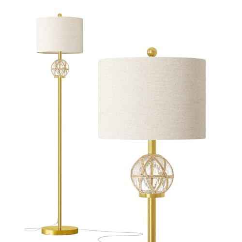 Oneach 61.5" Modern Floor Lamp for Living Room, Gold Boho Standing Lamp with Rattan Glass Design, Rotary Switch, Farmhouse Tall Lamps for Bedroom Office Dining Room (Without Bulb)