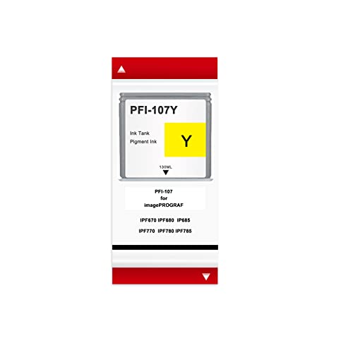 PFI-107 Yellow Ink Cartridge Compatible for Canon PFI107 PFI-107Y for imagePROGRAF iPF780 iPF785 iPF770 iPF685 iPF680 iPF670 Printer, 130ml
