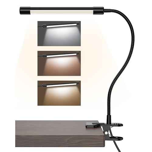 JHD LED Desk Lamp with Clamp - Adjustable 3 Color Modes 10 Brightness Level Table Lamp, USB Eye Caring Flexible Gooseneck Desk Light for Home Office, Dorm Room, Reading, Nail, Clip On Light, Black