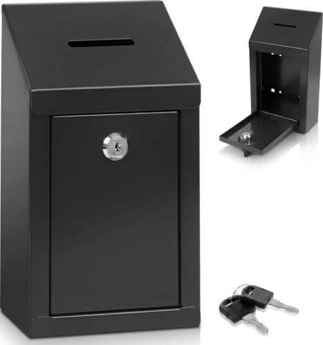 My Charity Boxes Wall Mount Metal Donation Drop Box with Lock, 10x6x2.5 Inches, Black