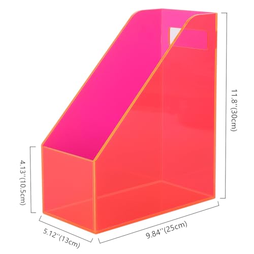Acrylic Magazine Rack Desk File Holder Organizer for Office Desktop Vertical Magazine Storage Box, 12 x 10 x 5'', Neon Pink