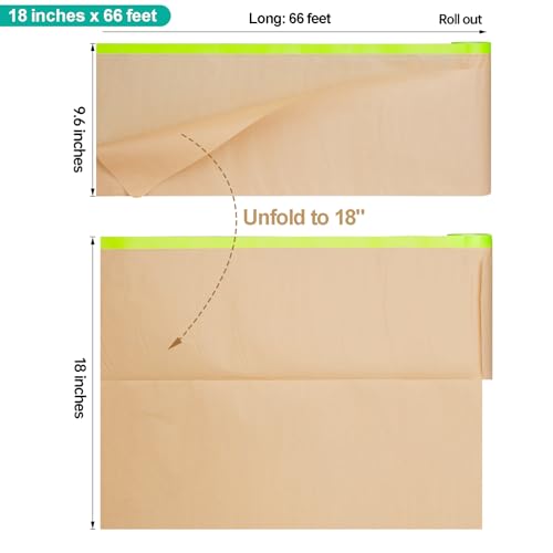 Pre-Taped Masking Paper with Dispenser - 18" x 66' Painters Paper and Tape Attached for Painting House, Automotive Paint Masking Paper Roll for Windows, Cars, Auto-Body (1 Dispenser 4 Refills)