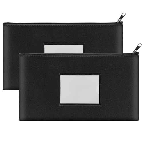 2 Pack Money Bags with Zipper, Bank Pouch with Label, 11 x 6.1 Inch PU Leather Cash Deposit Holder for Coins, Invoice, Bills, Cosmetics, Tools (Black)