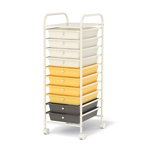 MEDIMALL 10 Drawers Rolling Storage Cart, Multipurpose Craft Storage Cart with Wheels, Mobile Tools Scrapbook Paper Organizer Cart for Office School Home Use (Yellow)