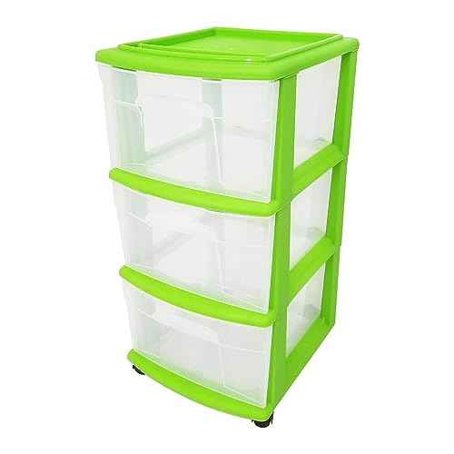 HOMZ Drawer Tower, 3-Tier Clear Plastic Storage Organizer Cart, Bold Lime Frame - Rolling Drawer Containers with Wheels for Bathroom, Bedroom, Office, and Classroom Organization
