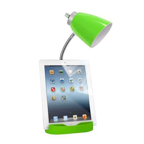 Simple Designs LD1094-GRN 18.5" All-in-One Gooseneck Desk Lamp with iPad Stand, Book Holder, and Convenient Charging Outlet, for Office, Bedroom, Living Room, Green