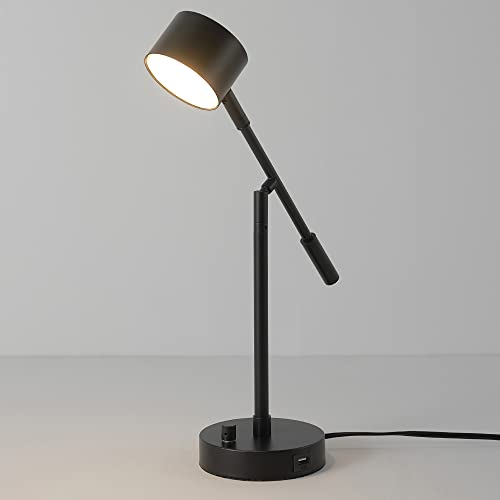 GLOBE Electric 52271 Aristocrat 16" Integrated LED Swing Arm Desk Lamp, Matte Black, Dimmable On/Off Rotary Switch at Base, 2.1A USB Port