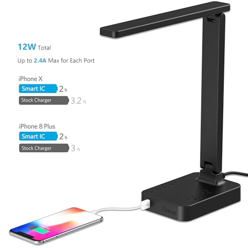 Drevet Black Classic LED Desk Lamp with USB & 2 AC Outlets, 3 Brightness Levels & Touch Control