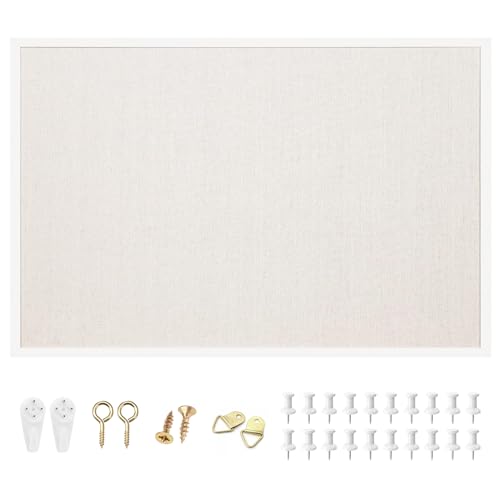 OWLKELA 24'' x 36'' Linen Bulletin Board, White Framed Corkboard, White Oak Frame Linen Cork Board, Vision Board and Decorative Hanging Pin Board