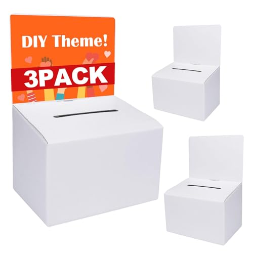 GRAWUN 3-Pack Cardboard Suggestion Boxes with Slot, White Glossy Conference Feedback Containers