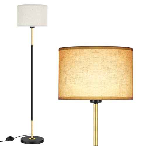 OUTON Mid Century Modern Floor Lamp for Living Room - 60" Tall Black & Gold Standing Lamp with Linen Shade, 3 Color Temperatures, Foot Switch, Easy Assembly (Bulb Included)