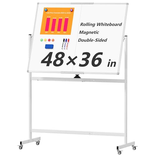 Large Rolling Whiteboard on Wheels, 48" x 36" Double-Sided Mobile White Board with Stand, 4' x 3' Portable Standing Magnetic Dry Erase Board Easel for Home Office Classroom School, Silver