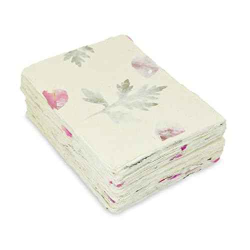 Handmade Lokta Card Stock 5x7 Inch Deckle-edge Paper with Bougainvillea Petal and Titepati leaves. for Vintage Stationery, Printing, and Decorative Invitations (100 Sheets, Forest Wanderer)