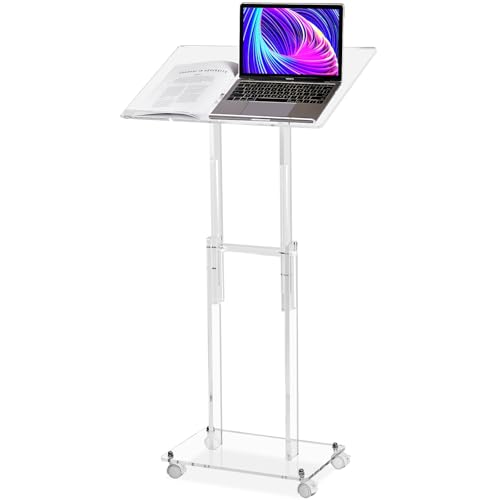 Clear Acrylic Podium Stand with Lockable Wheels – Adjustable Height & Angle