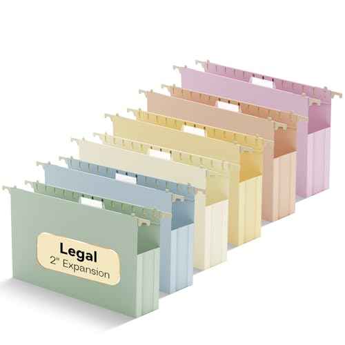 Extra Capacity Legal Size Plastic Hanging File Folders,Reinforced 2" Pastel Expanding Pocket,12 Pack Legal Hanging Folders for Filing Cabinet,Expandable Hang Folder with tabs,for Office School