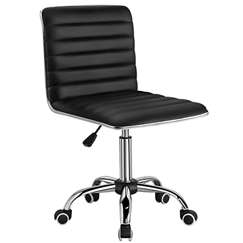Furmax Armless Leather Makeup & Office Desk Chair with Wheels, Height Adjustable, 360° Swivel - Black