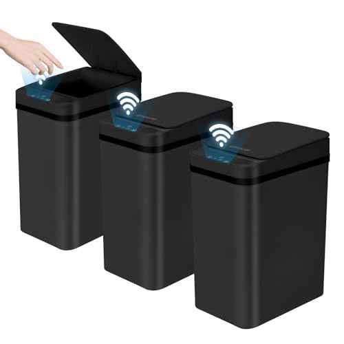 3 Pack Bathroom Trash Can with Lid, 2.5 Gallon Small Slim Trashcan, Automatic Trash Can Touchless, Motion Sensor Waterproof Plastic Trash Bin for Bedroom Kitchen Office Living Room (Black)