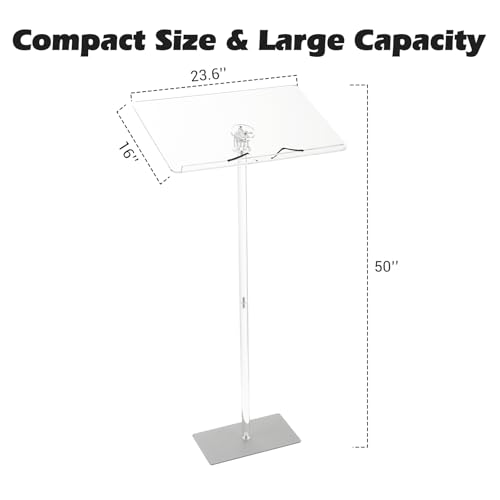 Acrylic Podium - 50 in Tall, Clear Acrylic Stand, Wide Reading Surface,Floor-Standing Pulpit for Churches, Conferences, Speeches, Weddings, Classroom