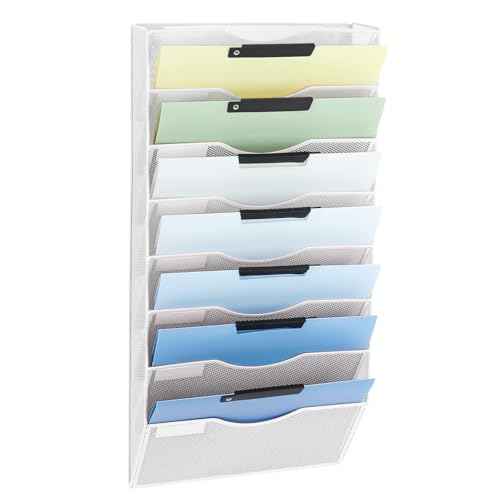 EASEPRES 8 Pocket Mesh Hanging Wall File Organizer, Wall Mounted Mail Paper Document Folder Holder, Clipboard Storage Organization Magazine Rack with Nametag Label for Office Home School, White