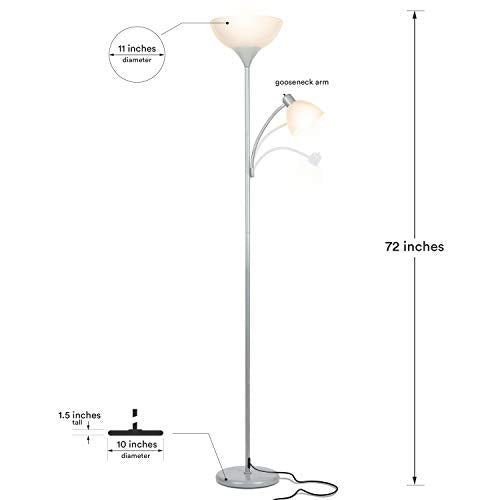 Brightech Sky Dome Plus LED Floor lamp, Torchiere Super Bright Floor Lamp with Reading Lamp for Living Rooms & Offices - Dimmable Tall Standing Lamp for Bedroom Reading - Silver