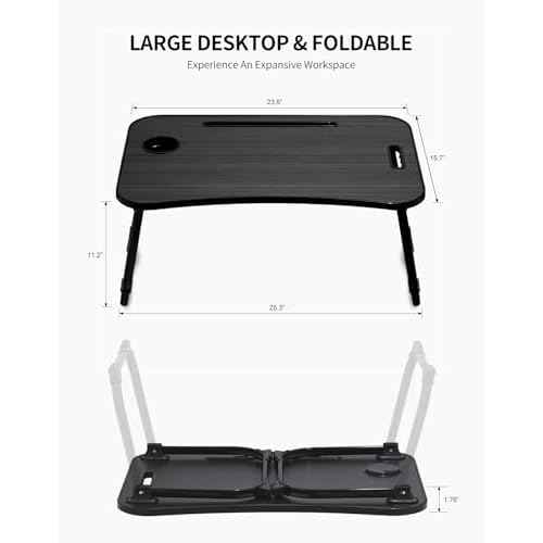 Laptop Bed Desk, Foldable Lap Desk, Portable Lap Table, Laptop Stand with Cup Holder & Tablet Slot & Lifting Handle for Working Writing Drawing & Eating - Black