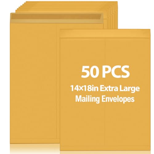 Motipuns 50 Yellow 14 x 18 Inch Large Mailing Envelopes - 32lb Kraft, Gummed Flaps